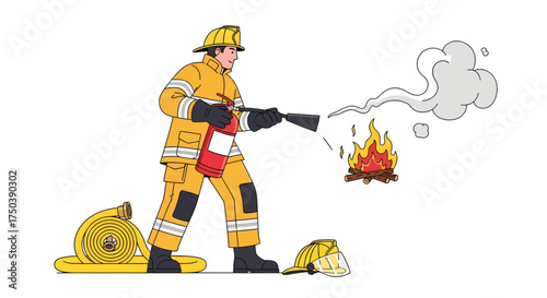 A firefighter character in full protective uniform using a fire extinguisher to put out a small blaze, an isolated vector illustration