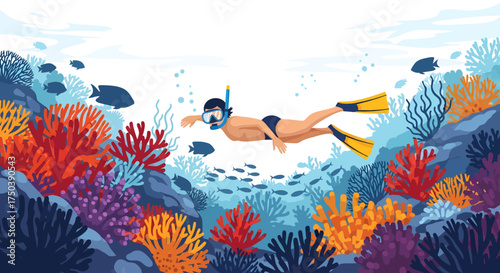 A vibrant vector illustration of a man snorkeling through a colorful coral reef, exploring the underwater world and marine life