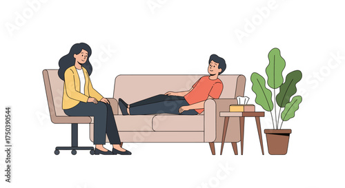 Psychologist and patient in a therapy session on a couch with a plant, discussing mental health and well-being in a comfortable environment