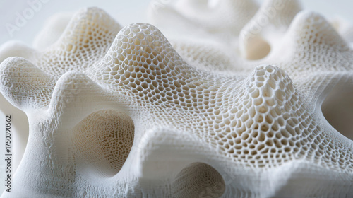 Close-up of porous, white, intricately-structured material, resembling a natural formation