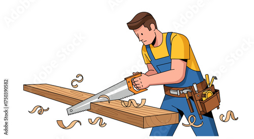 Craftsman Sawing Wood Plank A Vector Illustration of Carpentry