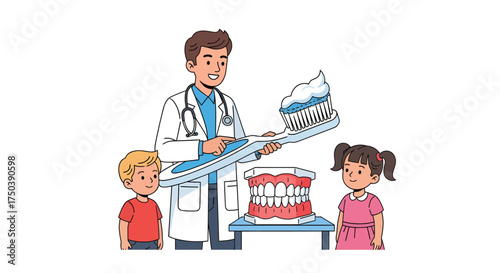 Dental Education Vector Illustration A Doctor Explains Oral Hygiene to Children