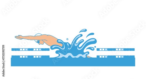 Illustration of a swimmer performing the butterfly stroke in a swimming lane, showcasing aquatic sport and athleticism