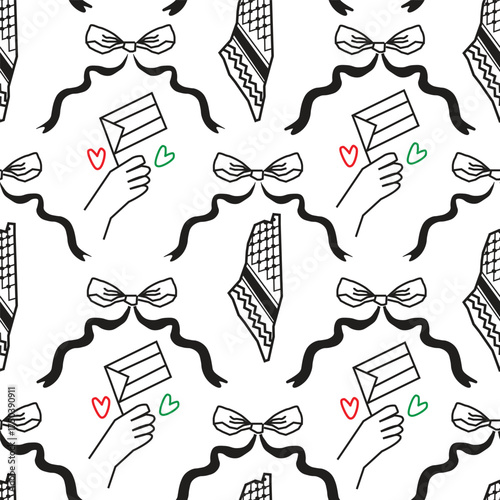 Vintage palestine seamless pattern ribbon with flag and keffiyeh inside map. Palestine symbol design. 