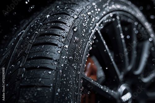 Detailed view of wet tire surface after rain