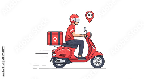 A vector illustration of a delivery courier riding a red scooter with a thermal bag, using GPS navigation for fast shipping service. Flat line art design concept