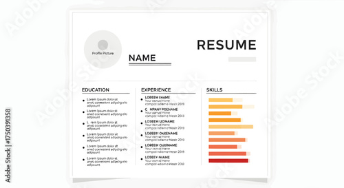 Professional Resume Template with Skills Bar Graph and Placeholder for Photo