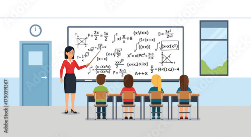 Teacher Explaining Equations on a Blackboard in a Classroom with Students - VECTOR (298)