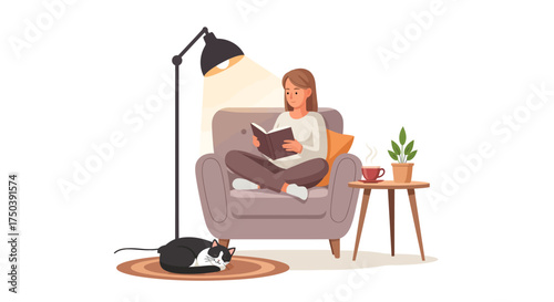Cozy Reading Evening, Woman with Cat, Living Room, Illustration, Indoor, Relaxed Atmosphere, Literature and Cats