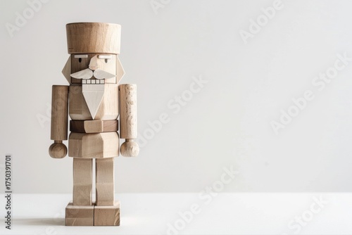 Natural wooden nutcracker figure on white background with copy space. Minimalist Scandinavian Christmas concept symbolizing sustainable and conscious holiday celebration.