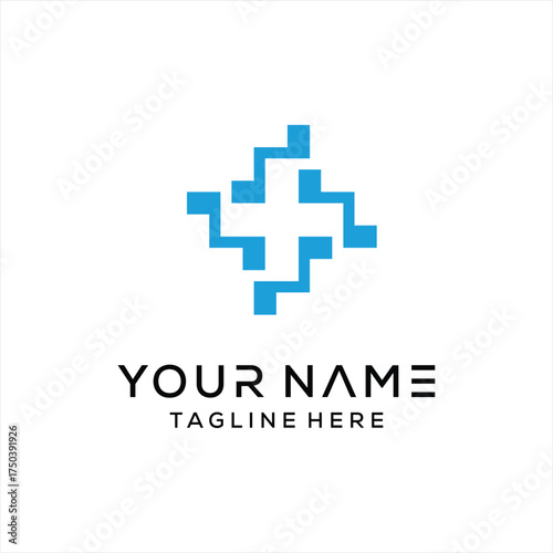 Modern Hospital Pharmacy Cross with digital data connection logo design illustration