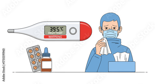 Illustration of Sick Patient with Thermometer and Medicine at Home, Indoor Environment, Health Awareness Concept