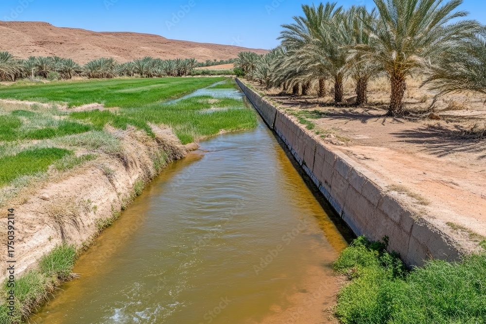 Fototapeta premium Irrigation canal winding through a desert oasis
