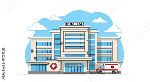 Emergency Response, Hospital Building, Urban Area, Illustration, Healthcare Environment, Front View, Medical Services