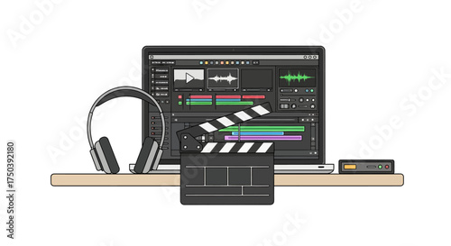 Editing Action, Film Production, Home Studio, Digital Art, Creative Space, Overhead View, Multimedia Creation