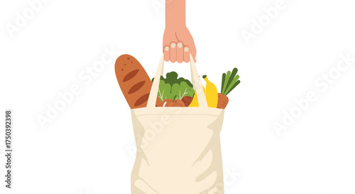 Grocery Shopping, Fresh Produce, Urban Market, Illustration, Minimalist Design, Top-Down View, Eco-Friendly Concept