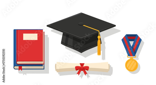 Cap, Diploma, Medal, Books, Digital Illustration, Educational Environment, Vector Art