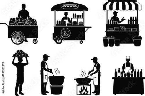 Street food vendor silhouettes, cooking scenes, black and white illustration, global cuisine concept, isolated vector for market, culture, design