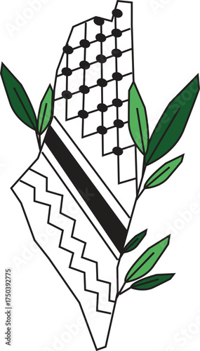 Hand drawn Palestine map with keffiyeh pattern inside and olive leaf outside. Palestine symbol design.