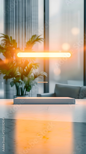 blurry office room portrait image with hologram and business charts and graphs for background