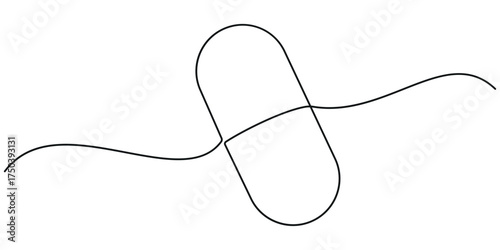 A minimalist continuous line drawing depicts a single pharmaceutical capsule, symbolizing modern medicine, health, and wellness in a clean, abstract style.