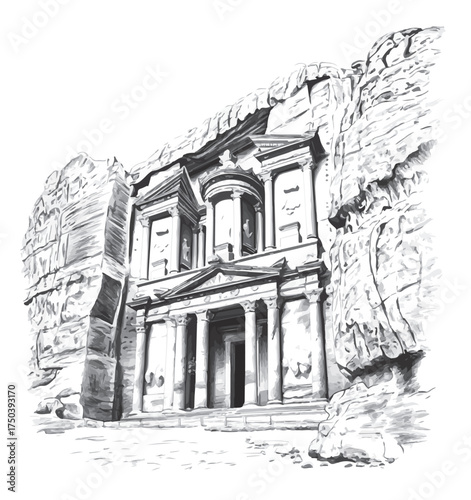 Petra wall, ancient city, Jordan landmark, black and white vector, rock architecture