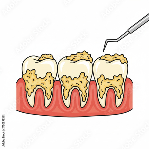 Detailed Cartoon Illustration of Teeth with Significant Plaque and Tartar Buildup Requiring Professional Dental Cleaning and Oral Hygiene Care
