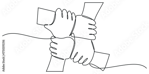 Continuous one line drawing hands form Teamwork. Team work vector illustration. Single  line art design editable stroke