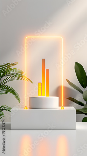 blurry office room portrait image with hologram and business charts and graphs for background