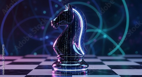 Neon Knight - A Futuristic Chess Piece on a Glowing Board.
