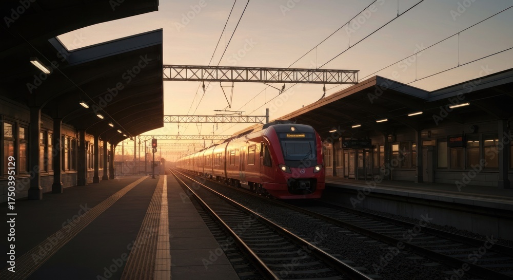 Fototapeta premium A train pulls into a station at sunset, bathed in warm light. Tracks lead to vanishing point