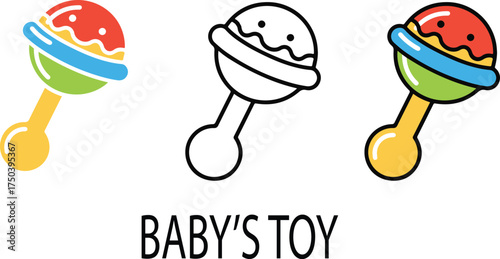 Colorful baby rattle and outline versions with text