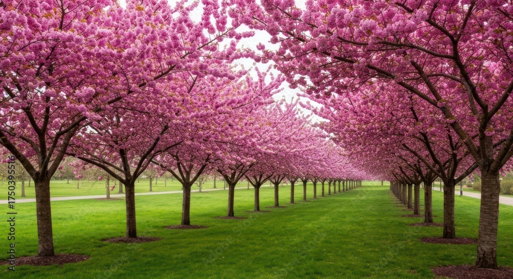Obraz premium A vibrant avenue of pink flowering trees frames a lush green lawn under an overcast sky