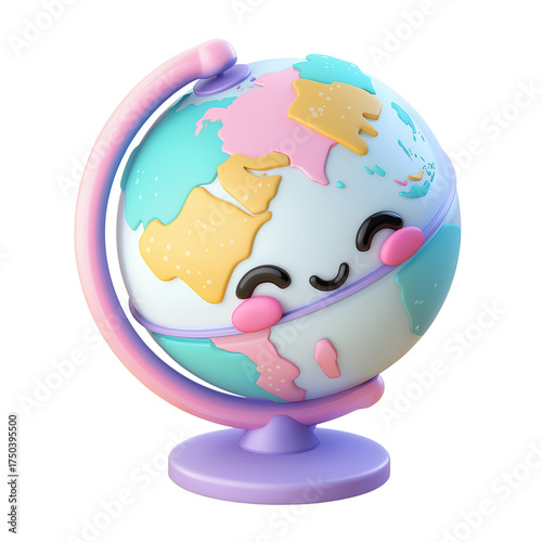 Cute Kawaii Globe Character with Happy Face and Pastel Colors.