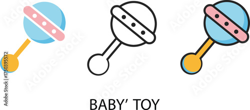 Three baby rattles in different styles on white background