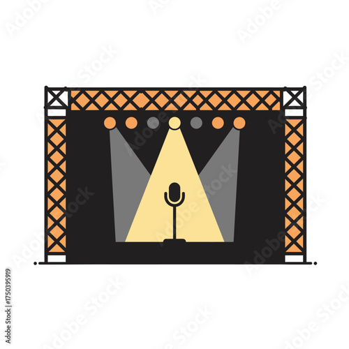 Microphone stands on illuminated stage during concert performance, creating a vibrant and energetic atmosphere for the audience.