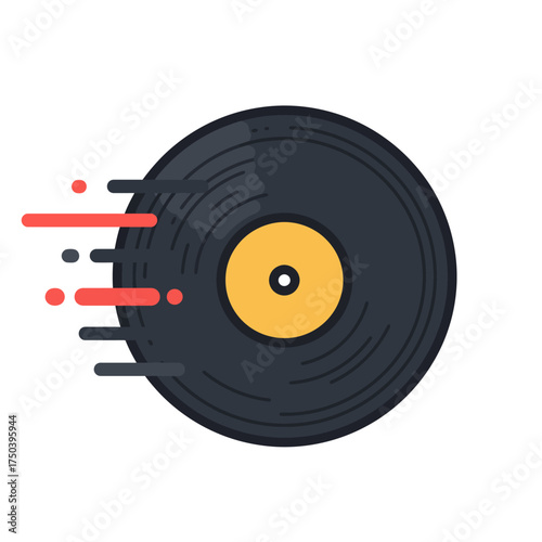 Spinning vinyl record creates motion blur effect, symbolizing music and retro culture with a dynamic, energetic vibe.