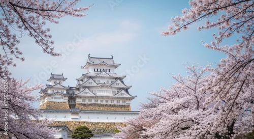 Wallpaper Mural A white, multi-tiered castle framed by cherry blossoms under a clear, blue sky Torontodigital.ca