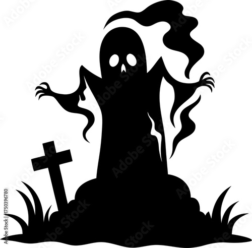 Cemetery Ghost – Rising from grave or tombstone mist silhouette  vector black , white background 