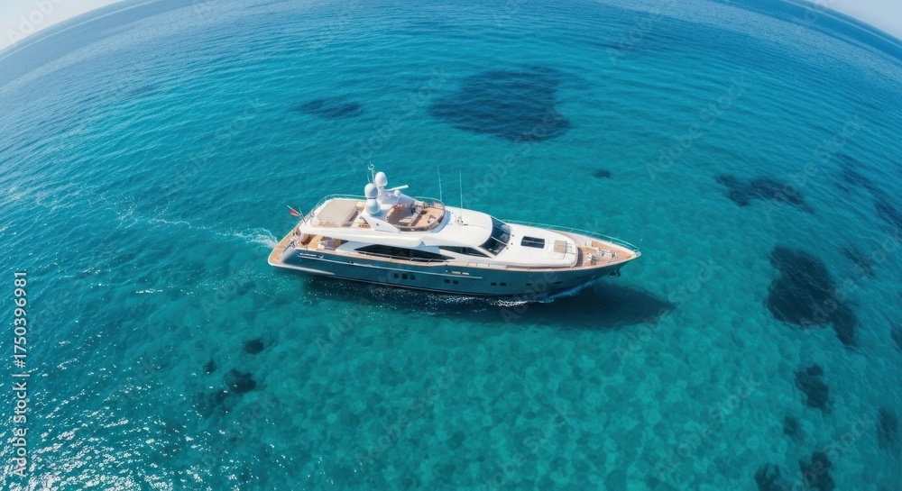 Fototapeta premium Aerial view of a luxury yacht sailing through crystal-clear turquoise waters on a sunny day