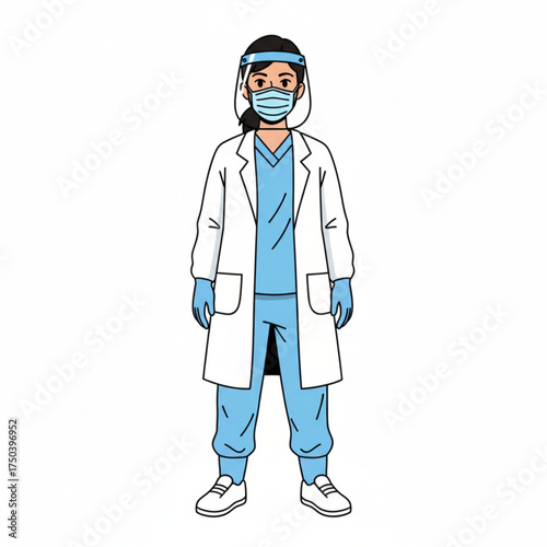 Cartoon doctor wearing PPE, face shield, gloves and lab coat isolated