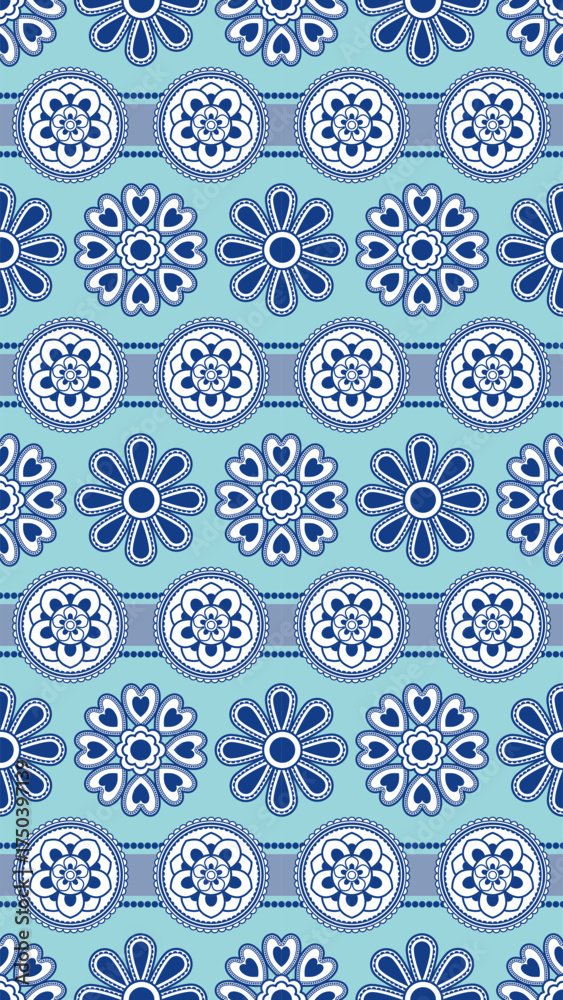 custom made wallpaper toronto digitalBlue floral pattern with circular and heart shaped petals on light blue background, creating harmonious and cheerful decorative design for textiles or wallpapers, Seamless Pattern, Fabric Pattern