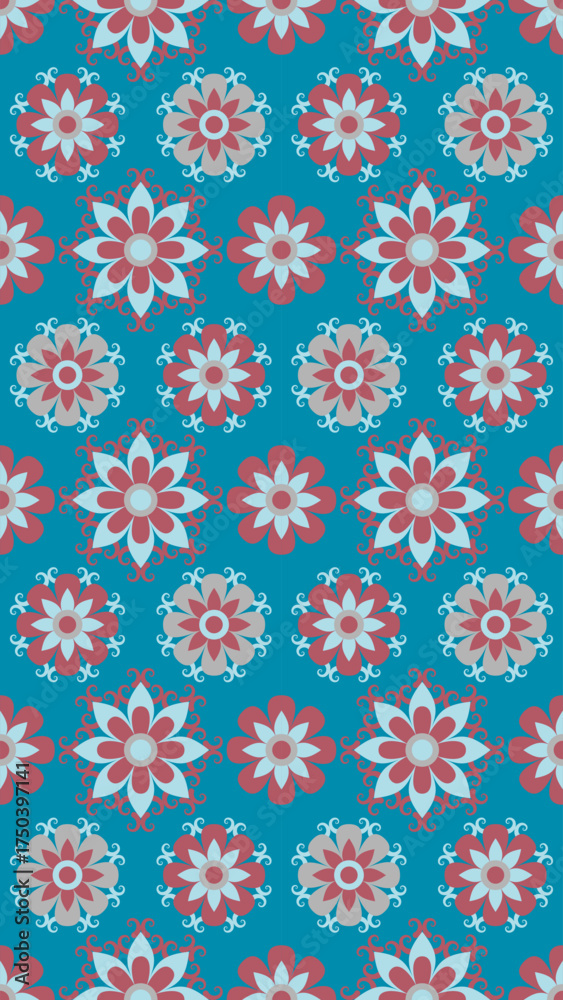 custom made wallpaper toronto digitalFloral pattern with symmetrical red and light blue flowers on teal background, featuring intricate swirls and layered petals creating harmonious and decorative design, Seamless Pattern, Fabric Pattern