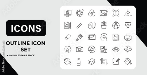 Collection of Creative Design and Graphic Design Outline Style Icons Set