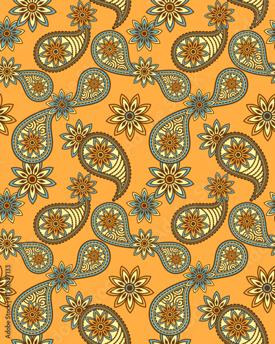 Wallpaper Mural Seamless pattern, Floral paisley pattern with intricate blue and brown flowers on warm orange background, creating vibrant and elegant decorative textile design full of charm and detail Torontodigital.ca
