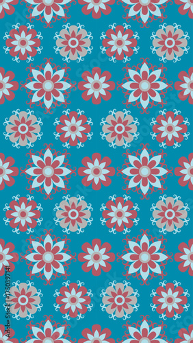 Wallpaper Mural Floral pattern with symmetrical red and light blue flowers on teal background, featuring intricate swirls and layered petals creating harmonious and decorative design Torontodigital.ca