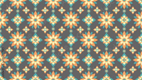 Wallpaper Mural Floral pattern with orange and teal flowers on dark gray background, creating vibrant and harmonious decorative design with symmetrical shapes and repeating elements Torontodigital.ca