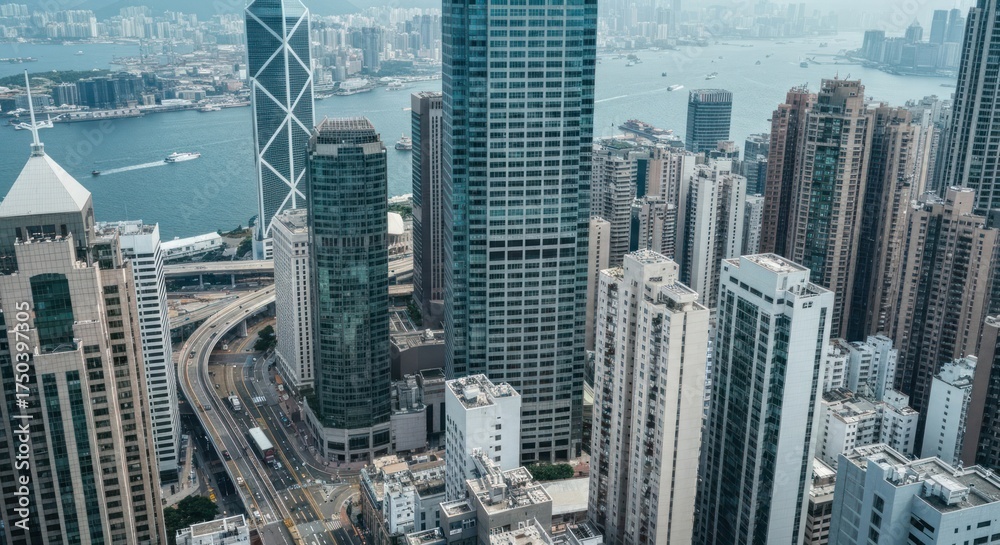 Obraz premium An aerial view of a modern cityscape with tall buildings next to a body of water