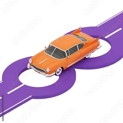Orange classic car driving on a purple road illustration.