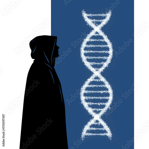 Silhouette of a person looking at a DNA strand.